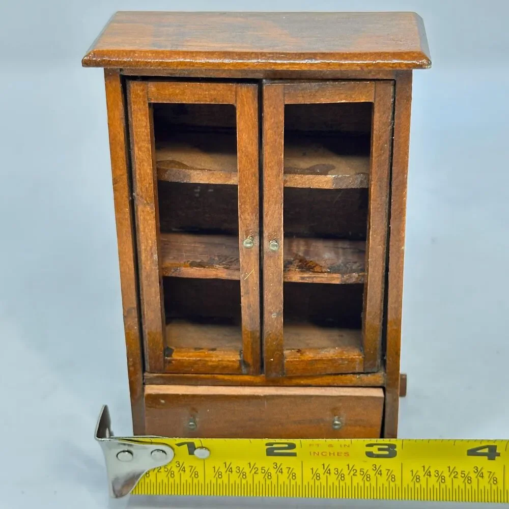 Vintage Miniature Wooden Cabinet Dollhouse Glass Door Hutch Display Case Drawer